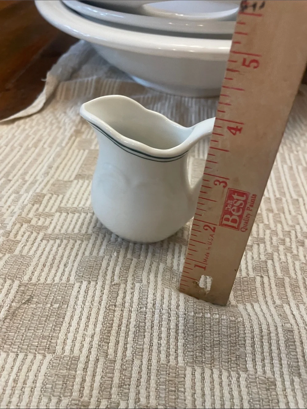 Vintage White Ceramic Creamer with Green Double Rim Accent
